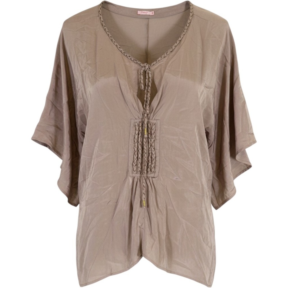Fourtys 100% Silk Kaftan Top Mauve Taupe Braided V-Neck Blouse Medium